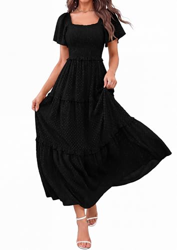 PRETTYGARDEN Womens Summer Dresses Boho Maxi Swiss Dot Dress - color: Black, size: X-Large