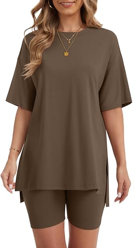 RUBZOOF Women 2 Piece Lounge Sets Summer Outfits Shorts Set - color: Coffee, size: X-Large
