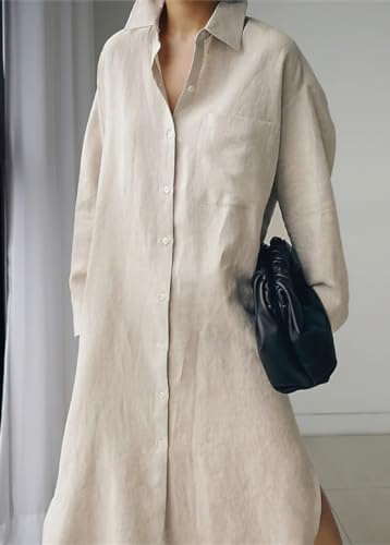 chouyatou Women's Spring Button Down Cotton Shirt Dress Summer Flowy Side Slit Maxi Shift Dress - color: Apricot, size: Small