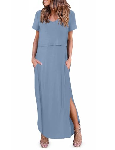 Ekouaer Womens Nursing Dress Breastfeeding Summer V Neck Maternity Dresses - color: Grey Blue, size: Small