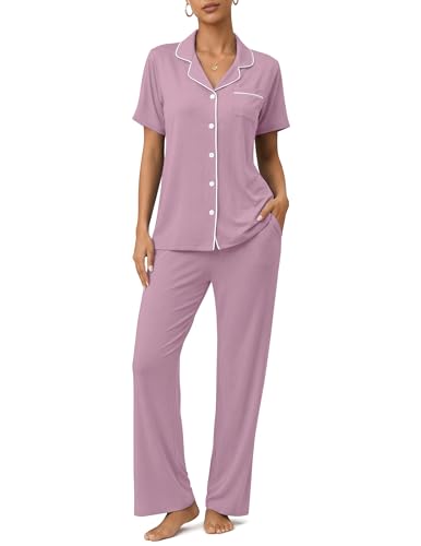 Womens Pajamas Sets 2 Piece Button Up Pj Sets Short Sleeve with Long Pant - color: Bean Pastes, size: XX-Large