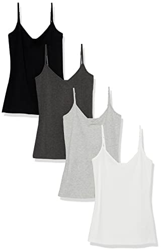 Amazon Essentials Women's Slim-Fit V-Neck Cami, Pack of 4 - color: Black/White/Charcoal Heather/Light Grey Heather, size: Medium