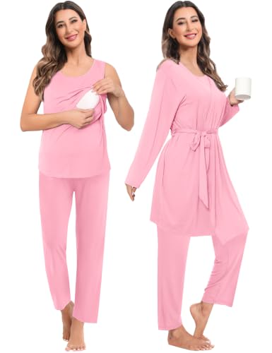 SWOMOG Maternity Nursing Robe Set 3 PCS Women Postpartum Pajamas Breastfeeding Labor Delivery Hospital Pregnancy Pjs - color: Bright Pink, size: Large