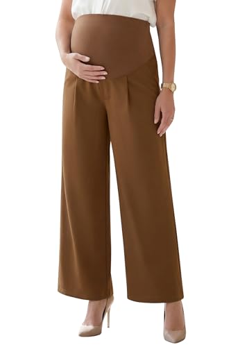 OUGES Women's Wide Leg Summer Business Casual Maternity Pants with Pockets - color: Dark Coffee, size: Large