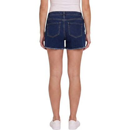 Motherhood Maternity Women's Under the Belly Cutoff Denim Pregnancy Shorts with Side Elastic Panel Insets - color: Dark Wash, size: Medium
