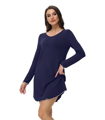 WiWi Women's Viscose from Bamboo Nightgown Long Sleeve Nightshirt Soft Sleep Dress Loose Comfy Pajama Sleepwear S-XXL - color: B-navy, size: Large