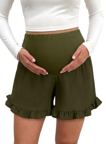 BLENCOT Maternity Shorts Over Belly Ruffle Hem Pregnancy Clothes - color: Jungle Green, size: Medium