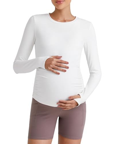 G4Free BareFeel Pregnancy Workout Tops Maternity Long Sleeve Shirts Ruches - color: White, size: Medium