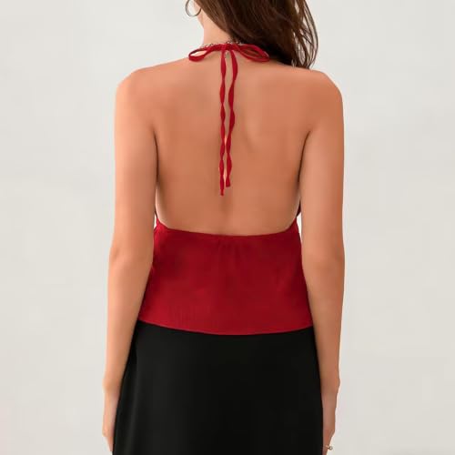 Women Front Tie Top Y2k Halter Neck Flowy Summer Going Out Tank Top Streetwear - color: A Red, size: Medium