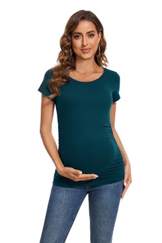 Smallshow Women's 4 Pack Maternity Shirts Short Sleeve Pregnancy Tops Clothes - color: Black-deep Green-light Grey-teal(4 Pack), size: Medium