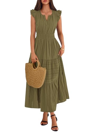 BTFBM Womens Summer Casual Ruffle Sleeve Maxi Dress - color: Army Green, size: Medium