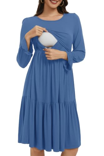 Smallshow Women's Ruffle Maternity Nursing Dress Long Sleeve - color: Grey Blue, size: Medium