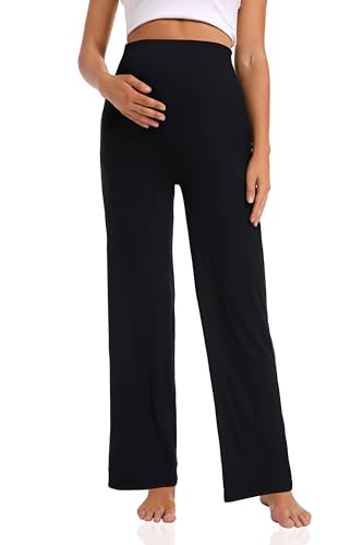 Foucome Women's Maternity Pants Wide Leg Pregnancy Work Pants - color: Black, size: Large