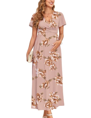 AISWI 2025 Women's Maternity Maxi Dress Long Sleeve Wrap V Neck Pregnancy Dresses with Pockets Baby Shower Photoshoot Formal - color: 1. Ruffle Sleeve, Floral Dusty Pink, size: Large