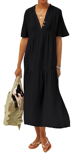 R.Vivimos Womens Summer Cotton Casual Flowy Maxi Dress - color: Black, size: X-Large