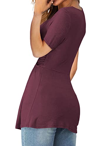 Tankaneo Womens Front Knotted V-Neck Blouse T Shirt Short Sleeve Oversized Tunic Tops Summer Solid Pullover Tees - color: B04-fuchsia, size: X-Large