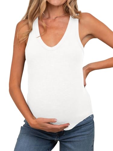 Tankaneo Womens Maternity Tank Tops Sleeveless V Neck Ribbed Knit Shirts - color: White, size: Medium