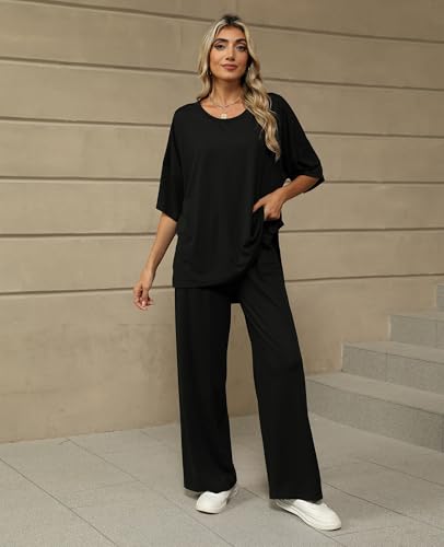 KevaMolly 2 Piece Lounge Set for Women Comfy Pajamas Set - color: Black, size: Medium