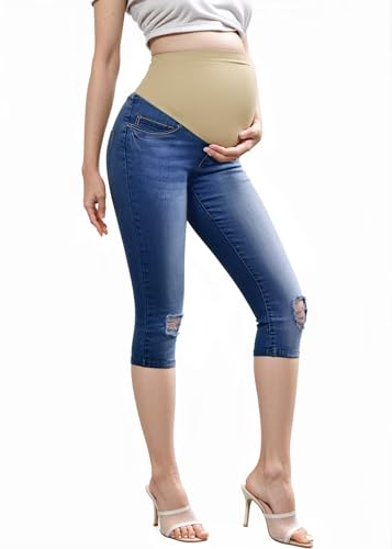 Hybrid & Company Women's Maternity High Waist Slim Boot Cut Denim Capri Jeans - color: Capri-mediumblue, size: Large