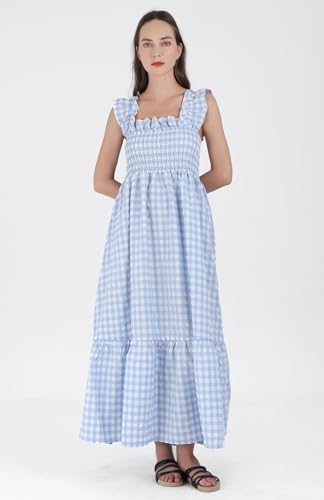 Women's Sleeveless Strap Retro Plaid A-Line Smocked Maxi Long Dress with Ruffled Hem - color: Sky Blue, size: Large