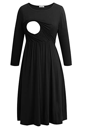 Smallshow Women's 3/4 Sleeve Maternity Nursing Dress for Breastfeeding - color: Black, size: Small
