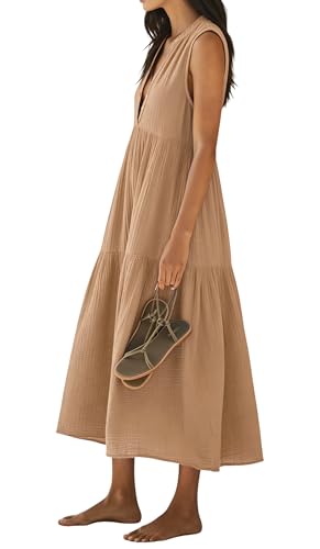 R.Vivimos Womens Summer Cotton Button V Neck Maxi Dress - color: Light Khaki, size: Medium