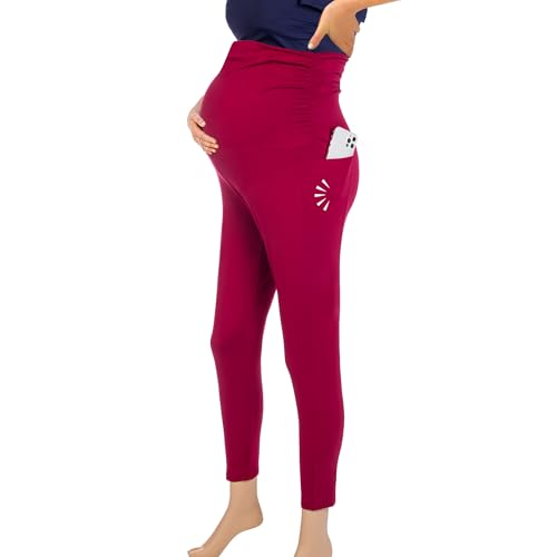 Maternity Leggings with Pockets, Over the Belly Pregnancy Yoga Pants - color: Burgundy, size: Medium