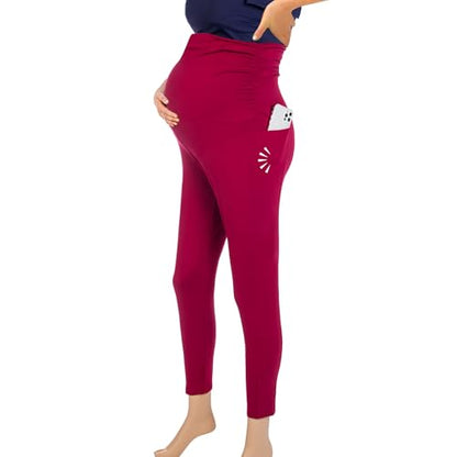 Maternity Leggings with Pockets, Over the Belly Pregnancy Yoga Pants - color: Burgundy, size: Medium