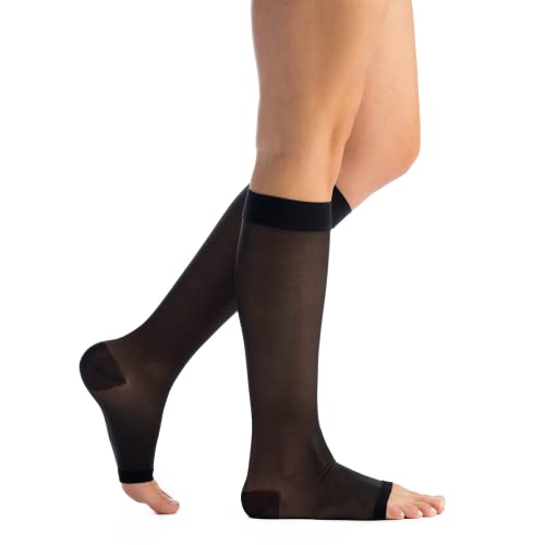 EvoNation Women's Sheer Knee High 15-20 mmHg Open Toe Compression Stockings - color: Black, size: Small