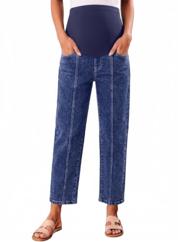 BLENCOT Maternity Jeans Over Belly Baggy Leg Ankle Stretchy Pregnancy Pants - color: Dark Blue, size: Medium