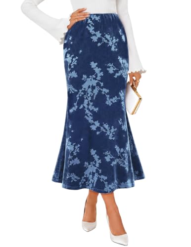 MEROKEETY Women's Fall Floral Velvet Maxi Skirt - color: Blue, size: Medium