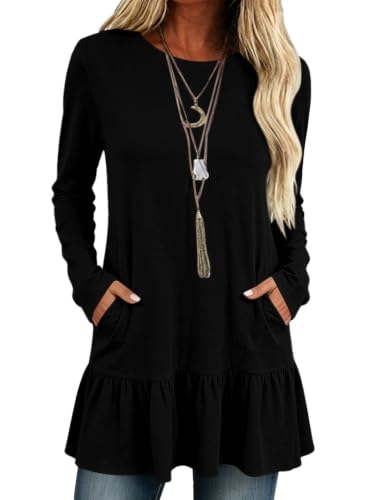 Poetsky Women Tops Long Sleeve Dressy Casual Ruffle Hem O Neck Tunics - color: Black, size: XX-Large