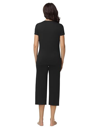 Womens Maternity Pajamas 2 Piece Set Short Sleeve - color: Black, size: XX-Large