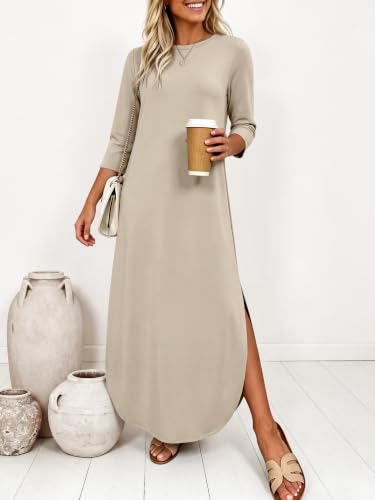 ANRABESS Women’s Air Layer 3/4 Sleeve Fall Maxi Dress & Pockets - color: Beige Grey, size: Medium