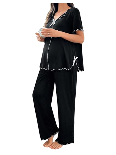 OYOANGLE Women's Maternity Pajama Set Bow Lettuce Trim Tops and Pants - size: Small