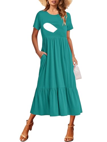 CzzzyL Women Nursing Dress Maternity Maxi Tiered Cocktail with Pockets - color: Turquoise-t, size: Medium