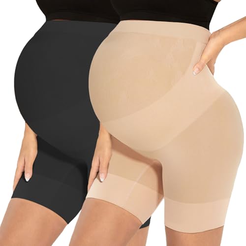 Narcissus "Bump Easy” Seamless Maternity Shapewear, All Day Comfort Mid-Thigh Belly Support Anti Chafing for Under Dresses - color: C. Black+nude, size: X-Large