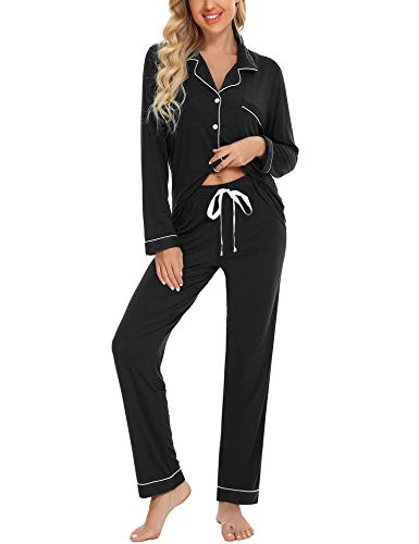 Anjue Long Sleeve Button Up Pajamas Lounge Set for Women S-XXL - color: Black, size: Large