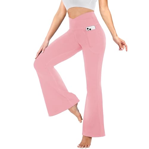 YOLIX Flare Leggings for Women with Pockets - Crossover High Waisted Black Flared Leggings for Yoga Gym Workout - color: Grey Pink, size: Large