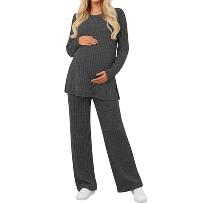 Women's 2 Piece Maternity Ribbed Pajama Outfit - color: Dark Gray, size: Small