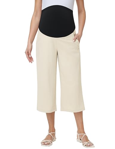 Maternity Capris Wide Leg Pregnancy Cropped Pants - color: Beige, size: Large