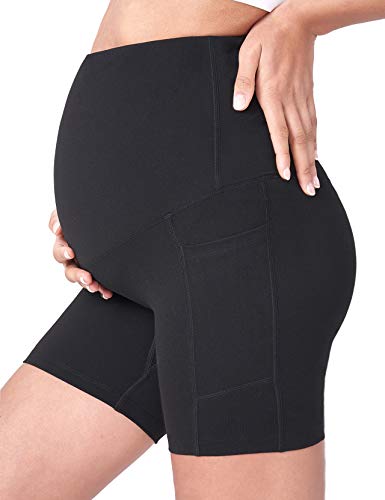 POSHDIVAH Maternity Biker Shorts Over the Belly with Pockets 5"/8" - color: Black, size: Large