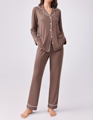 Ekouaer Womens Pajamas Set Button Down Long Sleeve Top & Pants Lounge Sets - color: Brown, size: Large