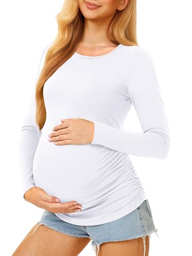 Maternity Shirts Long Sleeve Crew Neck Pregnancy Top for Women - color: White, size: XX-Large