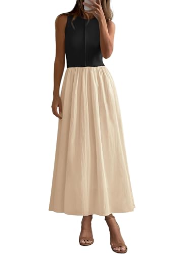 PRETTYGARDEN Pleated Maxi Dresses for Women with Pockets - color: Beige Black, size: Large