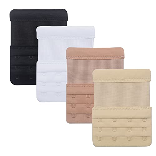 Elastic Back Bra Extender 4 Hook 3 Row 3/4" Stretchy Extension Tape Multi Color - color: 4pcs Black, White, Dark Beige, Light Beige
