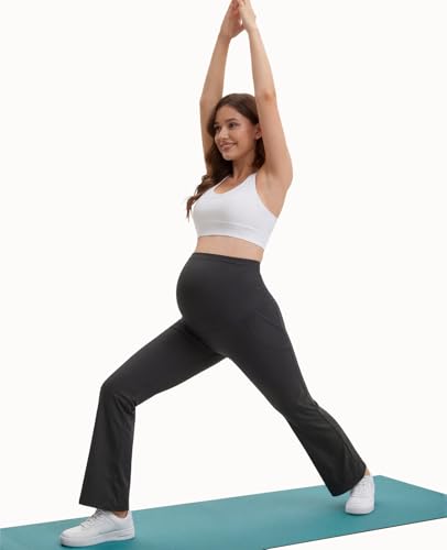 Women Maternity Flare Leggings with Pockets Over The Belly, Buttery Soft Pregnancy Yoga Work Pants - size: Medium