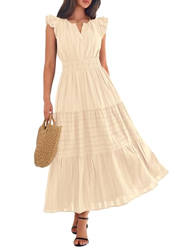 BTFBM Womens Summer Casual Ruffle Sleeve Maxi Dress - color: Apricot, size: Medium