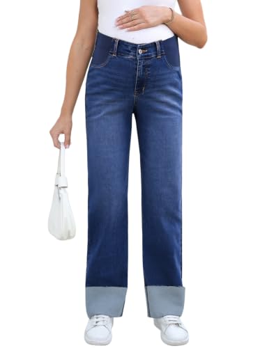 BLENCOT Maternity Jeans for Women Stretchy Summer Cuffed Wide Leg Baggy Denim Pants with Pockets - color: Dirty Blue, size: Small
