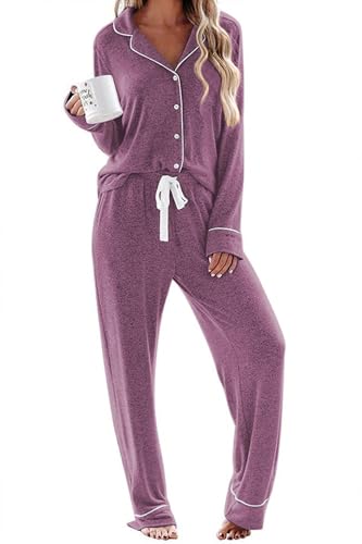 Ekouaer Women's Pajamas Long Sleeve Loungewear Casual Button Down Pjs - color: Cherry Red, size: X-Large